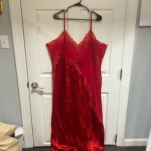 Red Slip Dress w/ Mesh Cutout and Gold Sequins